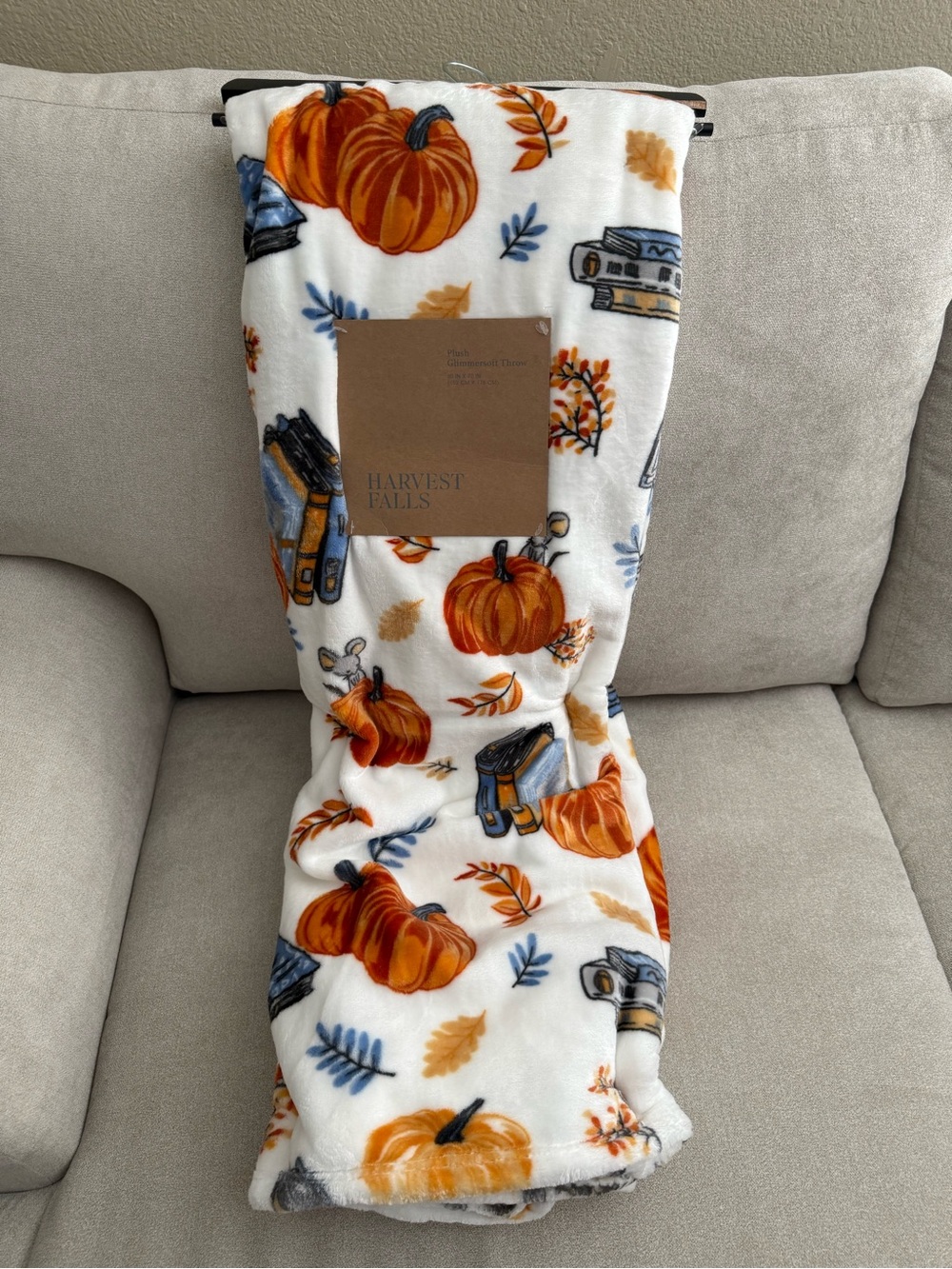 Harvest Falls Autumn Pumpkin and Books Plush Throw Blanket New